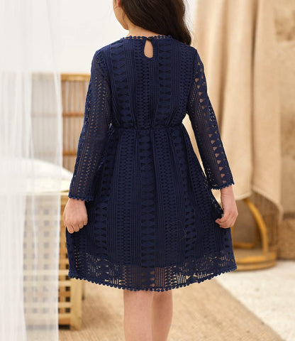 Girls Vintage Lace Dresses Long Sleeve Tulle A-Line Princess Wedding Party Dress with Pom Pom Flower Girl Dress 5-12Y(Navy, 5-6X(110))