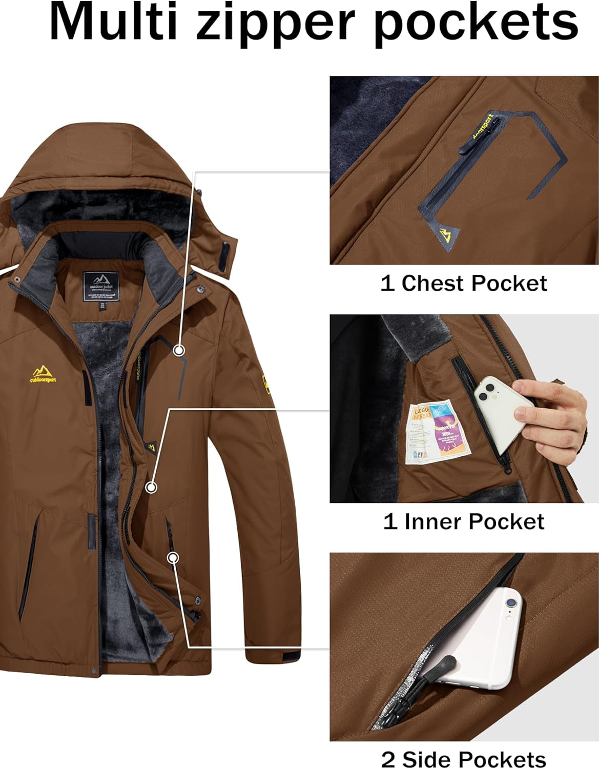 MAGCOMSEN Men'S Winter Coats Water Resistant Ski Snow Jacket Warm Fleece Jacket Parka Raincoats with Hood Multi-Pockets