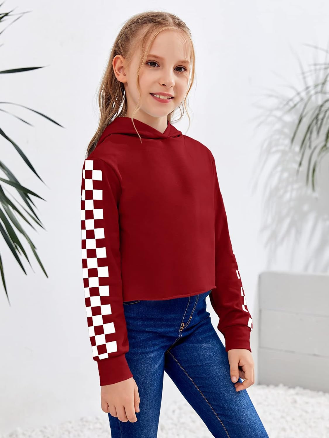 Girls Unicorn Plaid Hooded Crop Tops Jackets Kids Sweatshirts Fall Clothes 3-9 T Red