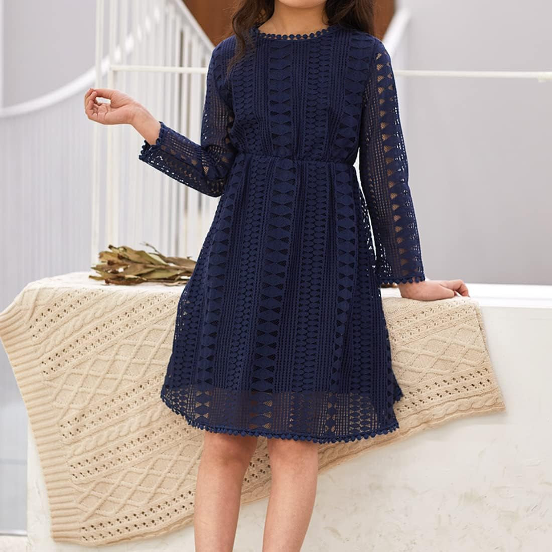 Girls Vintage Lace Dresses Long Sleeve Tulle A-Line Princess Wedding Party Dress with Pom Pom Flower Girl Dress 5-12Y(Navy, 5-6X(110))