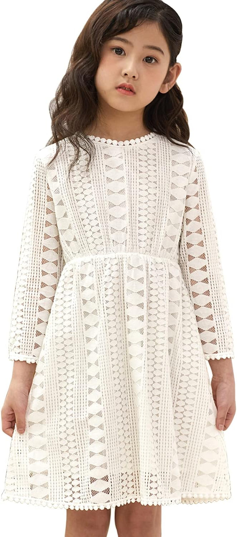 Girls Vintage Lace Dresses Long Sleeve Tulle A-Line Princess Wedding Party Dress with Pom Pom Flower Girl Dress 5-12Y(White, 9-10Years(150))