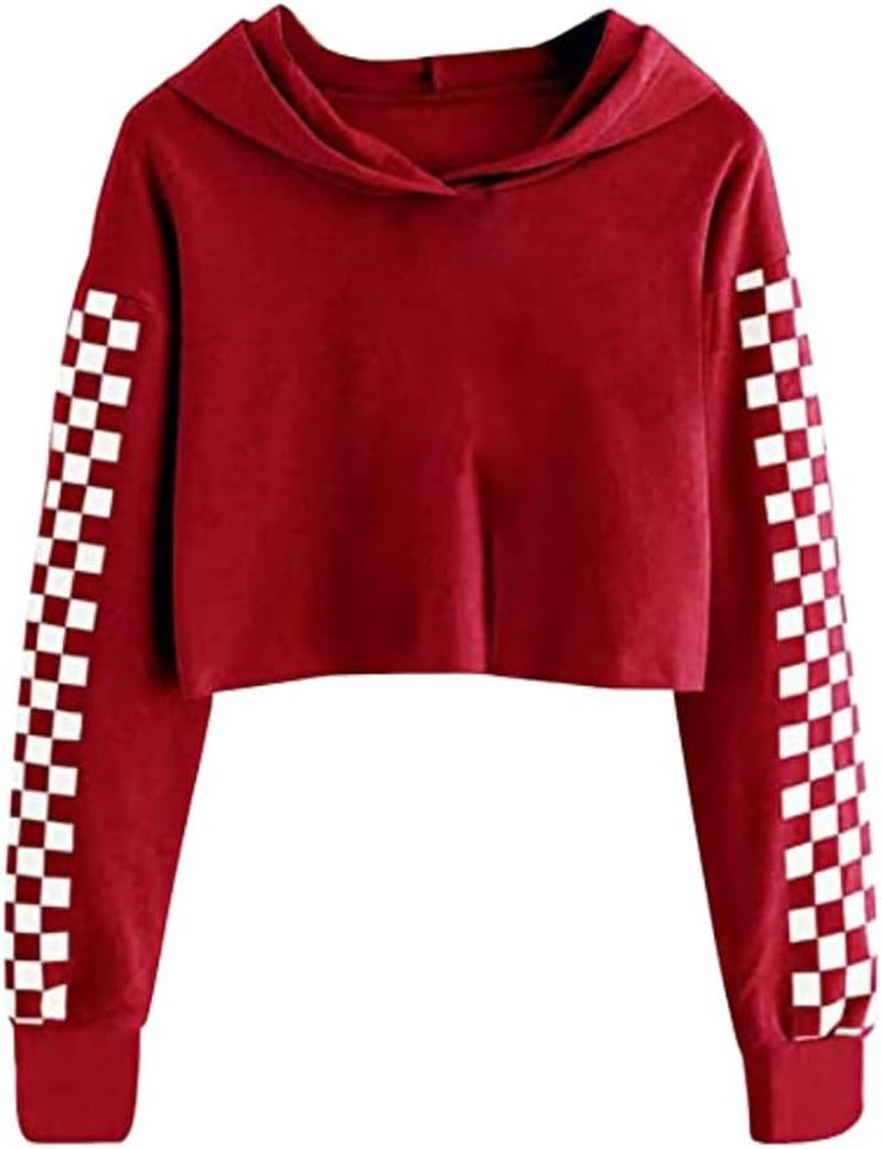 Girls Unicorn Plaid Hooded Crop Tops Jackets Kids Sweatshirts Fall Clothes 3-9 T Red