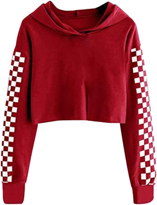 Girls Unicorn Plaid Hooded Crop Tops Jackets Kids Sweatshirts Fall Clothes 3-9 T Red