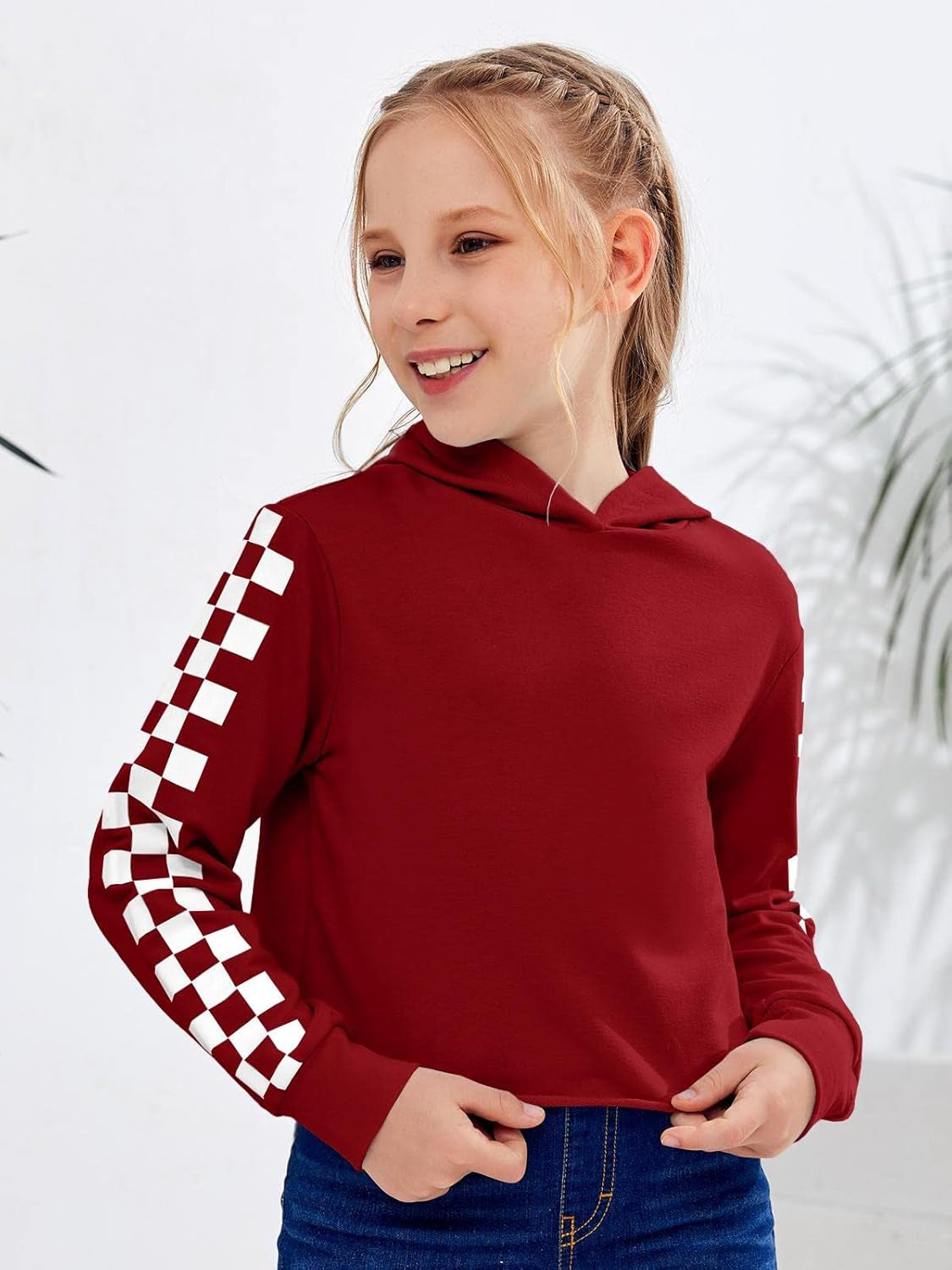 Girls Unicorn Plaid Hooded Crop Tops Jackets Kids Sweatshirts Fall Clothes 3-9 T Red