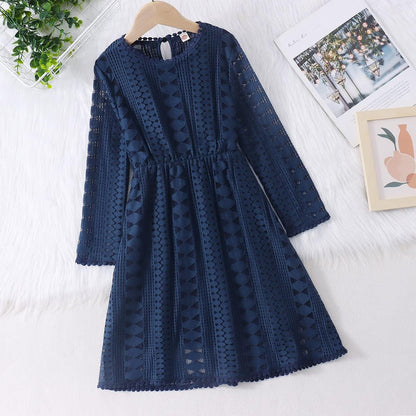 Girls Vintage Lace Dresses Long Sleeve Tulle A-Line Princess Wedding Party Dress with Pom Pom Flower Girl Dress 5-12Y(Navy, 5-6X(110))