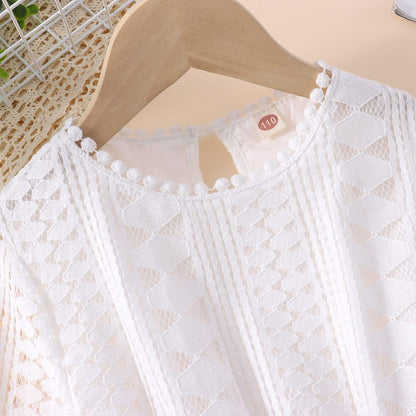 Girls Vintage Lace Dresses Long Sleeve Tulle A-Line Princess Wedding Party Dress with Pom Pom Flower Girl Dress 5-12Y(White, 9-10Years(150))