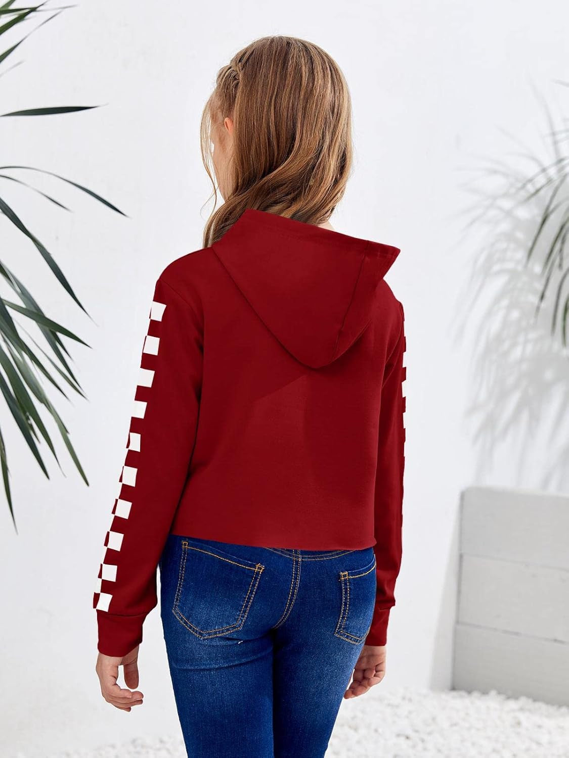 Girls Unicorn Plaid Hooded Crop Tops Jackets Kids Sweatshirts Fall Clothes 3-9 T Red