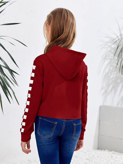 Girls Unicorn Plaid Hooded Crop Tops Jackets Kids Sweatshirts Fall Clothes 3-9 T Red