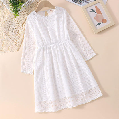 Girls Vintage Lace Dresses Long Sleeve Tulle A-Line Princess Wedding Party Dress with Pom Pom Flower Girl Dress 5-12Y(White, 9-10Years(150))