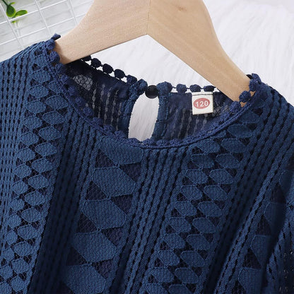 Girls Vintage Lace Dresses Long Sleeve Tulle A-Line Princess Wedding Party Dress with Pom Pom Flower Girl Dress 5-12Y(Navy, 5-6X(110))