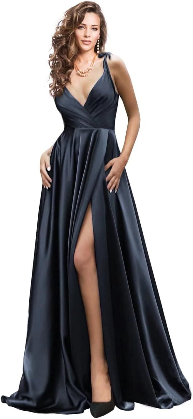 MQUPIN Women'S a Line Spaghetti Strap Wrap Prom Dresses Long Slit Ball Gown Formal Evening Dress with Pockets Navy Blue US8