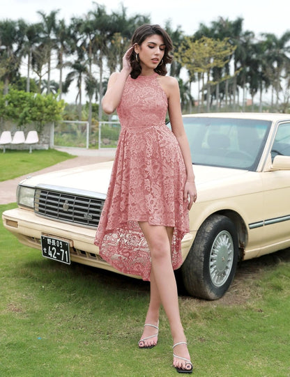 Dressystar Women Halter Lace Wedding Guest Dress Hi-Lo Cocktail Party Bridesmaid Formal Dresses