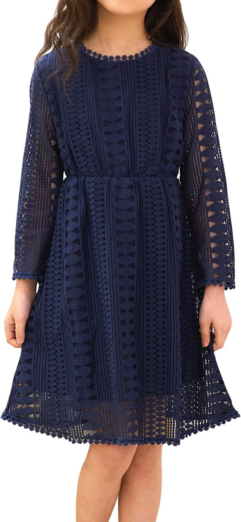 Girls Vintage Lace Dresses Long Sleeve Tulle A-Line Princess Wedding Party Dress with Pom Pom Flower Girl Dress 5-12Y(Navy, 5-6X(110))